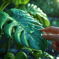 Fototapeta premium Tactile Raindrop on Monstera Leaf,water drops on green leaf