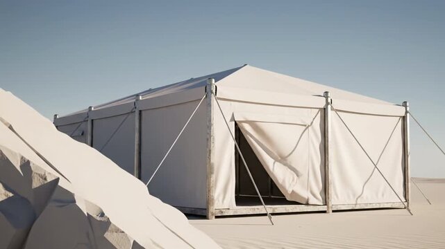 Wide shot of modern modular refugee tent in serene desert landscape, dignified shelter concept