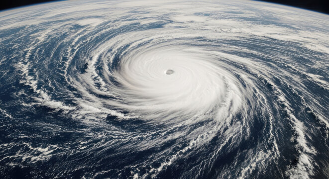 A satellite view of a large, spiraling hurricane over the ocean.