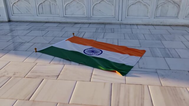 Flag of India with Ashoka Chakra on marble floor with ornate wall patterns featuring tricolor, patriotic, tricolour with saffron and white elements
