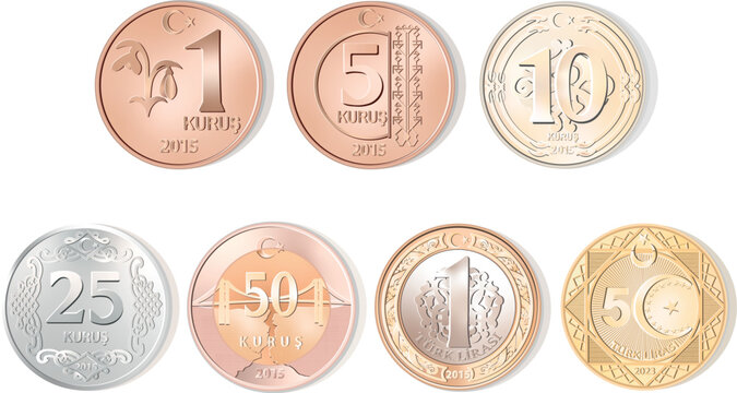 Turkish Lira Coins Set Vector Illustration