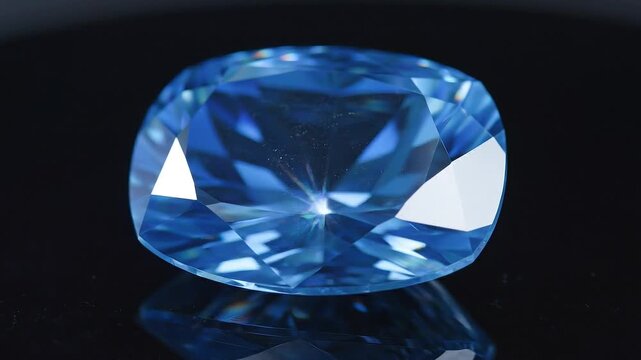 High quality cushion cut blue topaz gemstone sparkling on a black reflective surface