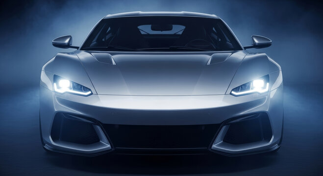 Modern Silver Sports Car Front View with Bright Headlights in Blue Foggy Studio Background