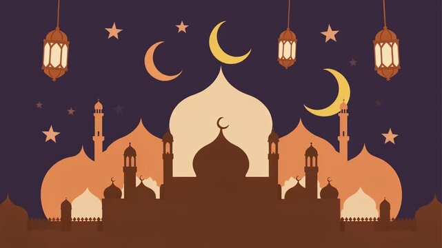 Ramadan kareem night illustration with mosque silhouette crescent moons stars and lanterns, festive islamic celebration scene on dark purple sky with glowing elements.