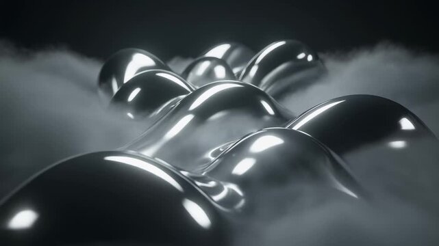 Abstract 3d render of shiny metallic spheres emerging through soft fog in dark lighting, reflective chrome surfaces with smooth futuristic shapes and highlights, modern abstract studio animation.