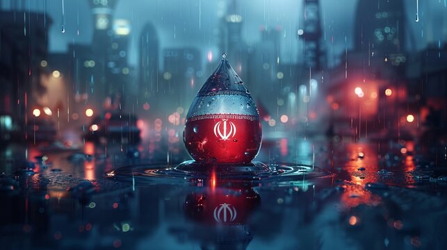 Oil drop reflecting iranian flag in dark setting  symbol of middle east oil geopolitics