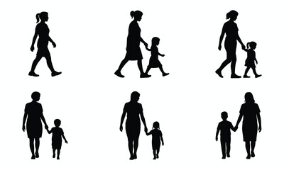 Fototapeta premium Mother and Child Walking Silhouettes: Seven Poses of Family Togetherness and Movement