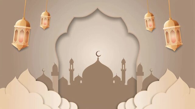 Islamic ramadan greeting card scene with mosque silhouette crescent moon lanterns clouds, peaceful festive illustration inspired by traditional islamic design, ramadan celebration background .