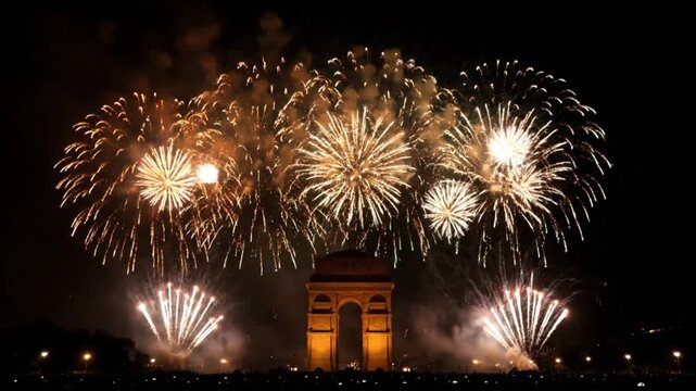 Fireworks exploding over historic building.