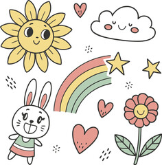Naklejka premium Set of 7 cute cartoon doodle icons vector