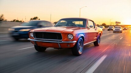 Obraz premium Vintage orange car driving on highway at sunset