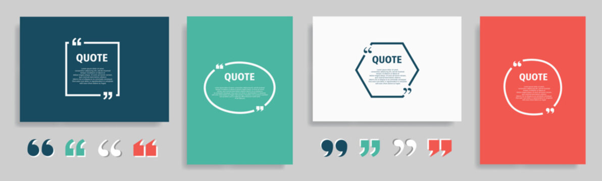 Quote speech box design templates set. Quatation text in bubble brackets frame. Citation empty graphic vector shape for social media inspiration posts. Motivation quote bubbles. Isolated textbox