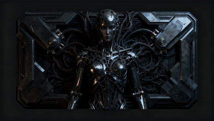 Fototapeta premium Gothic cyborg biomechanical dark chrome game interface panel 3D vector illustration.