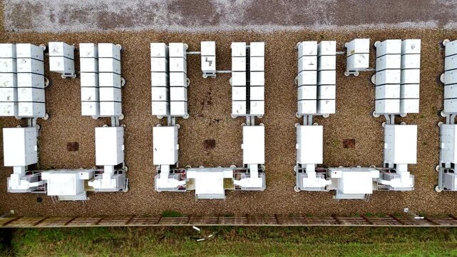 Top-down aerial drone view of a large-scale Battery Energy Storage System (BESS) in Burwell, UK, featuring modular lithium-ion battery containers.