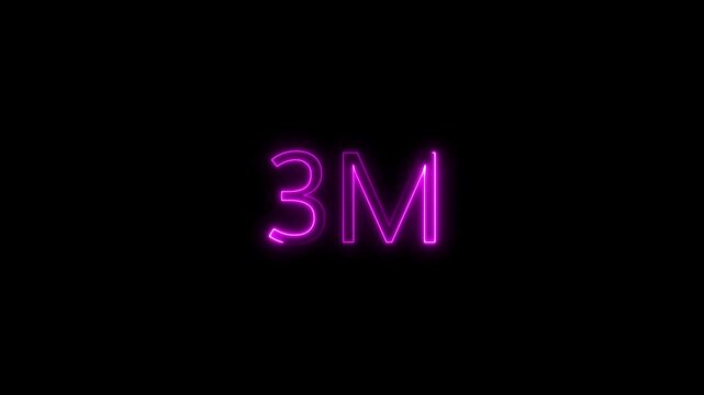 Pink and Purple Neon Glowing 3M Text Animation on Black Background, Minimalist Futuristic Electric Signage for Science Tech and Innovation Projects, High Contrast Digital Alpha Loop Overlay