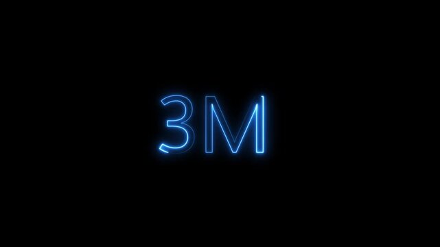 Blue Neon Glowing 3M Text Animation on Black Background, Minimalist Futuristic Electric Signage for Science Tech and Innovation Projects, High Contrast Digital Alpha Loop Overlay