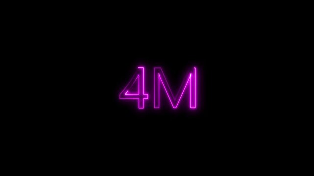 Pink and Purple Neon Glowing 4M Text Animation on Black Background, Minimalist Futuristic Electric Signage for Science Tech and Innovation Projects, High Contrast Digital Alpha Loop Overlay