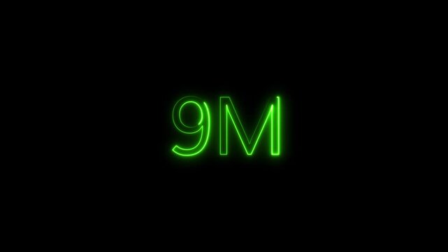 Glowing Neon Green 9M Text Symbol on Black Background RepresentingNine Million Units or Followers in a Futuristic Cyberpunk Digital Style for Financial Milestones or Social Media