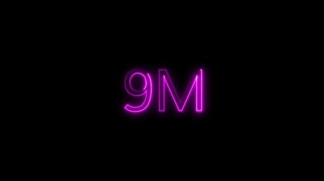 Pink and Purple Neon Glowing 9M Text Animation on Black Background, Minimalist Futuristic Electric Signage for Science Tech and Innovation Projects, High Contrast Digital Alpha Loop Overlay