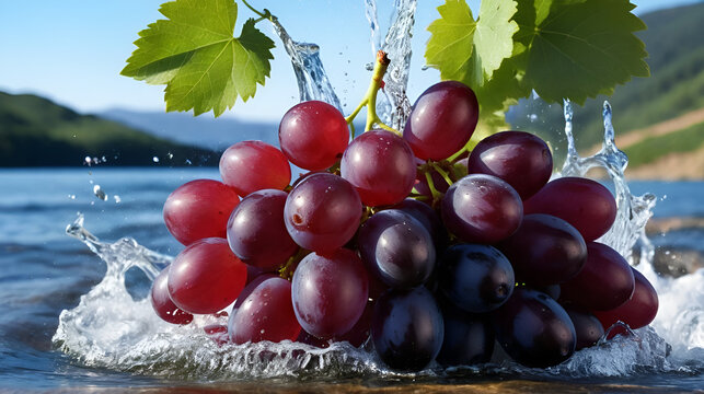 Close-up, dynamic shot of fresh red grapes being hit by a cascade of clear water. The refreshing splash highlights their plumpness and deep, vibrant juiciness.