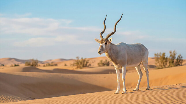 Addax antelope standing on a sandy desert dune with rolling dunes and sparse shrubs under warm natural light. Great for wildlife conservation topics, desert landscape storytelling, travel desert theme