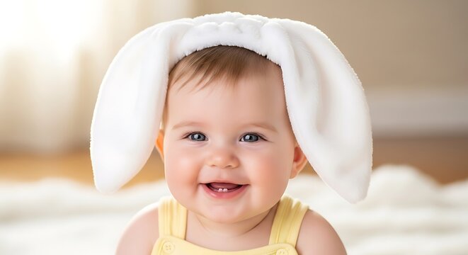 Baby wearing bunny ears smiling.