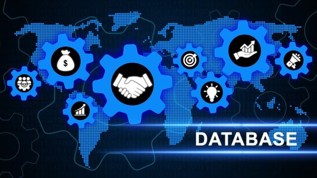 Global database network with partnership icons and gears in blue digital landscape, business strategy icons and world map background.