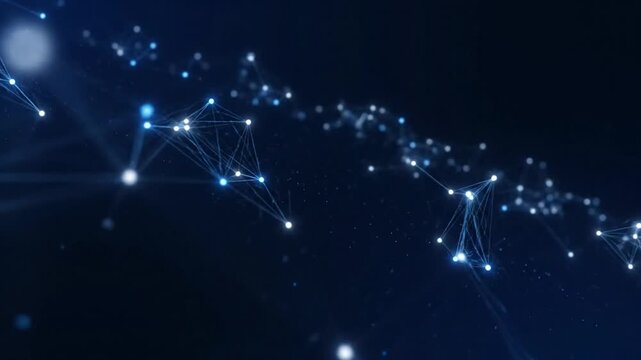 A video showcases a futuristic network of glowing blue connections and nodes forming a complex web-like structure on a dark background.