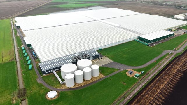 Drone shot of a biogas energy hub and horticultural plant near Cambridge, capturing the scale of modern UK agri-tech.