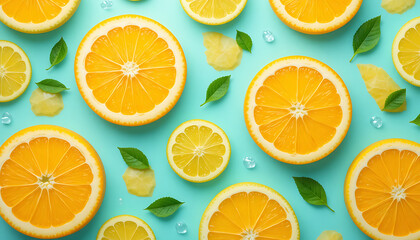 Obraz premium Sliced oranges and lemons on turquoise background with ice cubes and green leaves citrus fruits halved