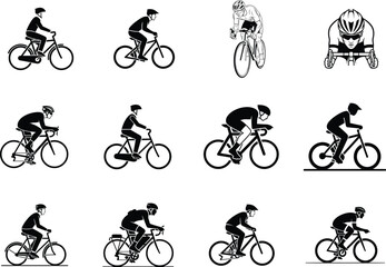 Fototapeta premium Bicyclists in various riding positions and styles on white background