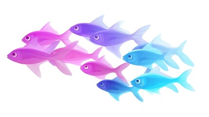 Fototapeta premium Colorful fish swim in gradient shades of pink and blue