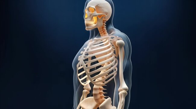 Rotating 3D Human Skeleton Animation with Detailed Bone Structure and Transparent Body Outline on Dark Blue Background, symbolizing medical education and anatomical study