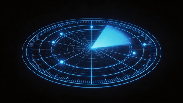 Futuristic blue holographic radar screen interface with glowing data points scanning technology concept for cyber security digital network monitoring and advanced system analysis