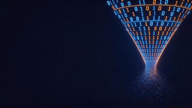 Digital data funnel binary code stream flowing down technology concept blue and orange glowing numbers abstract background artificial intelligence big data cybersecurity,Style