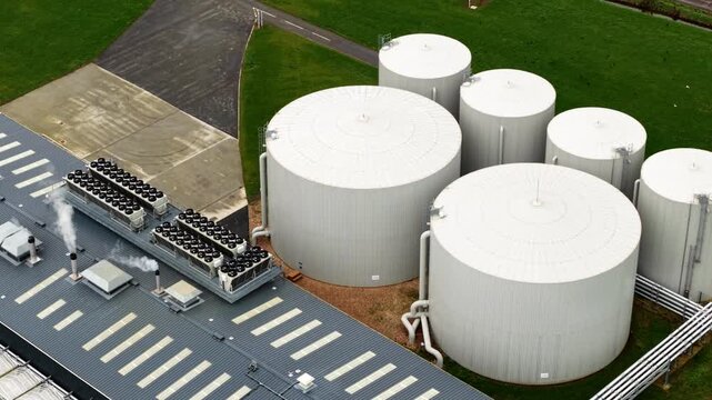 High angle aerial view of a rural biogas renewable energy plant in the UK featuring large storage silos and industrial cooling fans in winter.