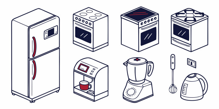 Set of kitchen appliances in isometric style, including refrigerator, stove, coffee machine, blender, whisk and kettle