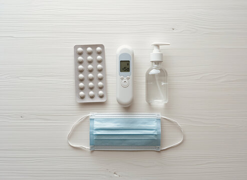 High-angle flat lay shot of essential healthcare and wellness items: generic medical pills in blister packs, a digital thermometer, a small bottle of hand sanitizer, and a generic blue face mask on a 