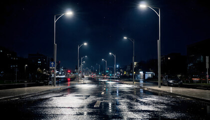 Nighttime city street view with luminous modern streetlights reflecting on wet asphalt after rain, leading towards a distant urban landscape