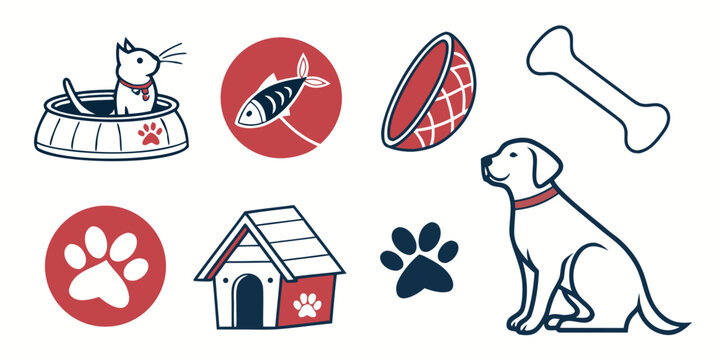 Set of cute pet icons with cat, dog, doghouse, bone, fish and paw prints