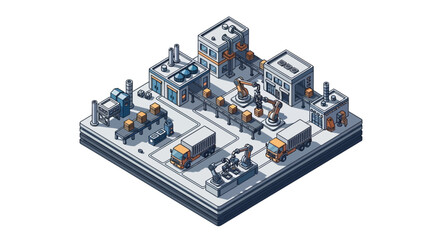 Isometric 3D illustration of an industrial production facility with machines and tools on a white background, showcasing industry 4.0 technology and equipment