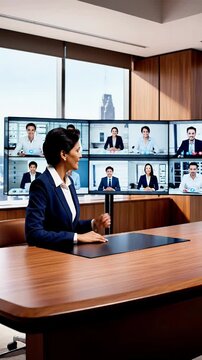 Confident businesswoman leads a virtual team meeting in a modern office with panoramic city views demonstrating collaboration and remote work success in a digital age
