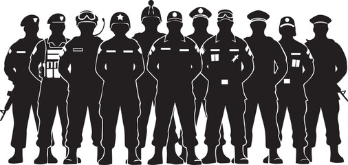 Fototapeta premium Group of diverse soldiers standing together vector silhouette illustration line art style