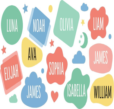Colorful Overlapping Shapes with Baby Names and Celestial Icons Keywords: baby names, colorful, shapes, overlapping