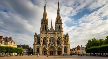 Obraz premium Large Gothic cathedral with twin spires stands against cloudy sky.