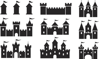 castle silhouette collection, medieval fortress and tower icons set, fantasy kingdom architecture elements, fairy tale castle shapes illustration