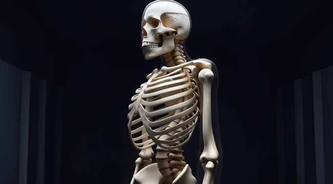 Rotating 3D Human Skeleton Model with Detailed Bone Structure on Dark Background, symbolizing medical education and anatomical study