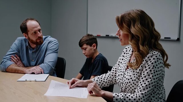 Parent teacher conference at office table. Woman reads document. Man listens across table. Boy looks down and avoids eye contact. Group discusses student behavior and school plan. Meeting adds input.