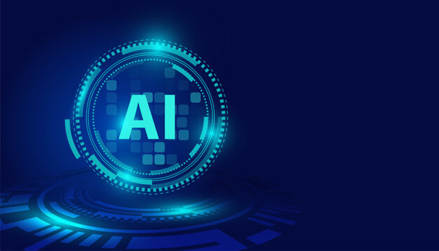 Abstract glowing AI symbol within a futuristic digital circular interface against a dark blue background, representing artificial intelligence, machine learning, and advanced technology concepts.