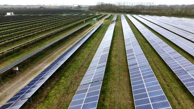 Aerial drone view of a solar panel array on the former RAF Alconbury site, renewable energy infrastructure under cloudy UK skies in Cambridgeshire.